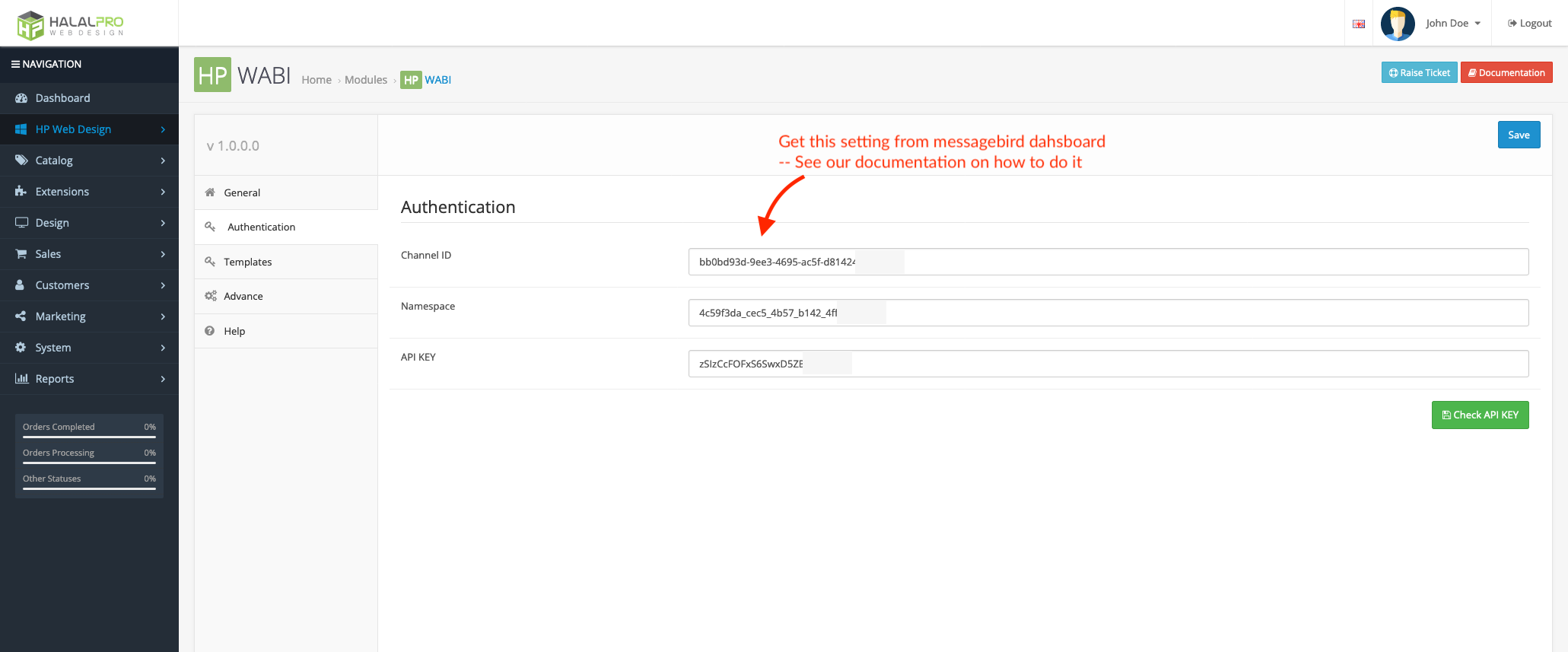whatsapp business api authentication opencart
